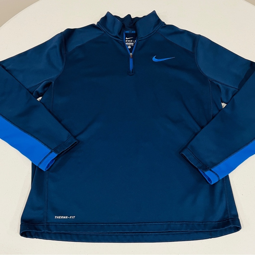 Nike Therma-Fit Pullover Sweatshirt 1/4 Zip Large Navy Royal Blue Fleece Swoosh